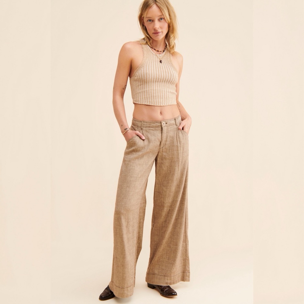 Anthropologie Linen Blend Wide Leg Pants Tan High Rise Size 12 - Picture 4 of 8